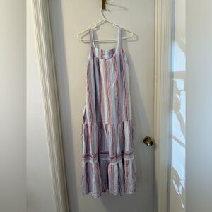 Crown & Ivy Red and Blue Striped Linen Maxi Beach Seaside Dress Garment Sz L